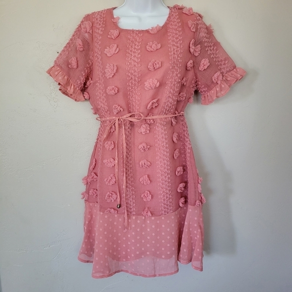 Andree by Unit Small Pink Dress Short Sleeve Swiss Dot Poms Girly Feminine - Picture 1 of 8